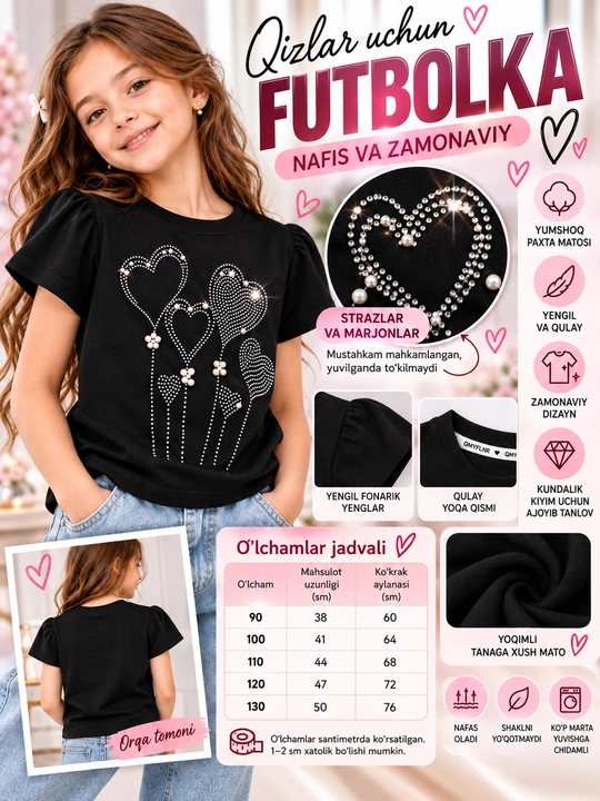 Qizlar uchun toshli va marvaridli bezakli qora futbolka, 90 o‘lcham, 2 yosh - 