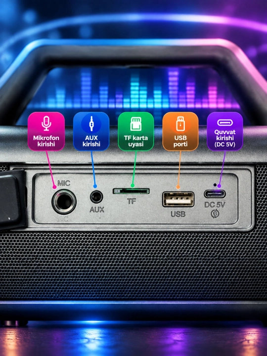 Simsiz Bluetooth karaoke kalonkasi, RGB yorug'lik, TWS, 3600mAh batareya, USB/TF/AUX