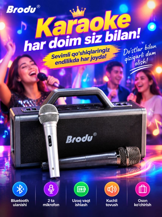 Simsiz Bluetooth karaoke kalonkasi, RGB yorug'lik, TWS, 3600mAh batareya, USB/TF/AUX - 