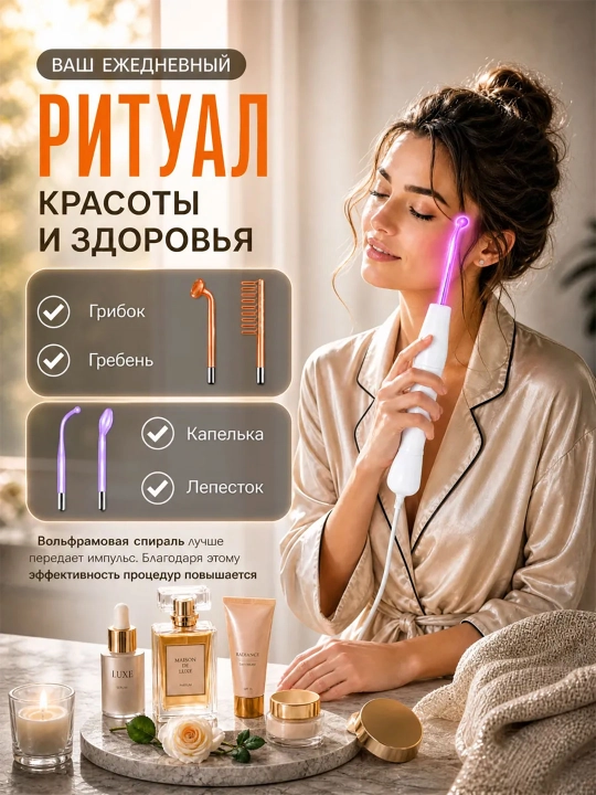 Yuz va soch uchun darsonval apparati, kosmetologik massajer, 4 ta nasadka