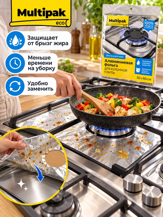 Multipak eco gaz plitasi uchun himoya alyuminiy folgasi, 50×60 sm