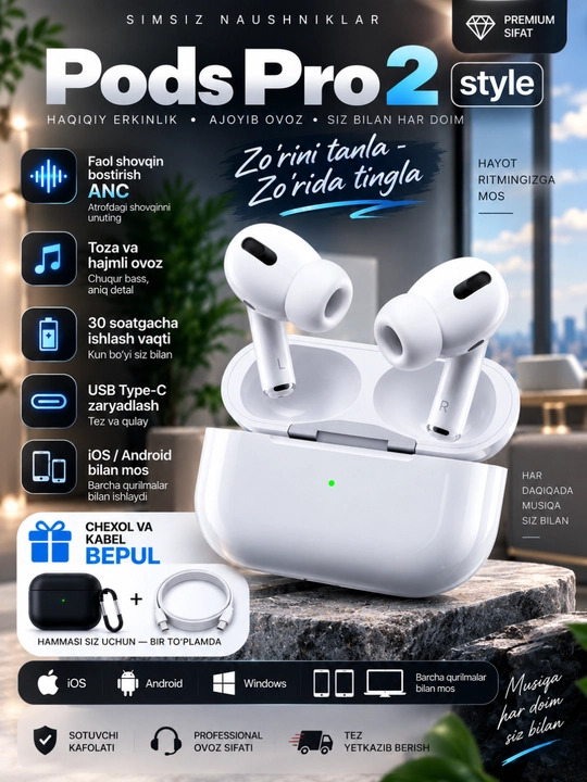 IPhone va Android uchun simsiz Pods Pro 2 Style quloqchinlari, FBSMIR sovg‘asi bilan - 