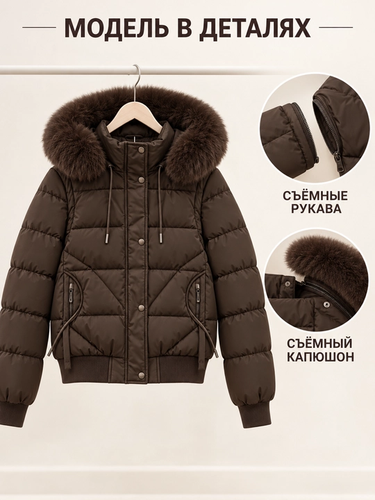 Ayollar uchun kapyushoni, yengi va mo‘ynasi olinadigan issiq kurtka-jilet, M–3XL