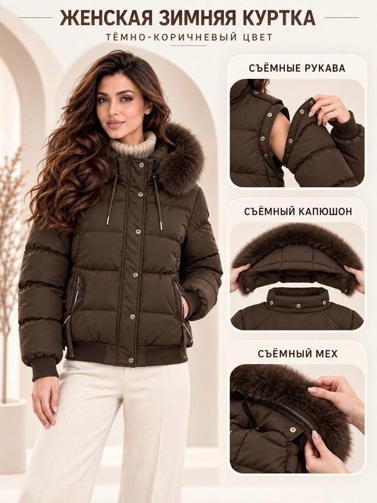 Ayollar uchun kapyushoni, yengi va mo‘ynasi olinadigan issiq kurtka-jilet, M–3XL