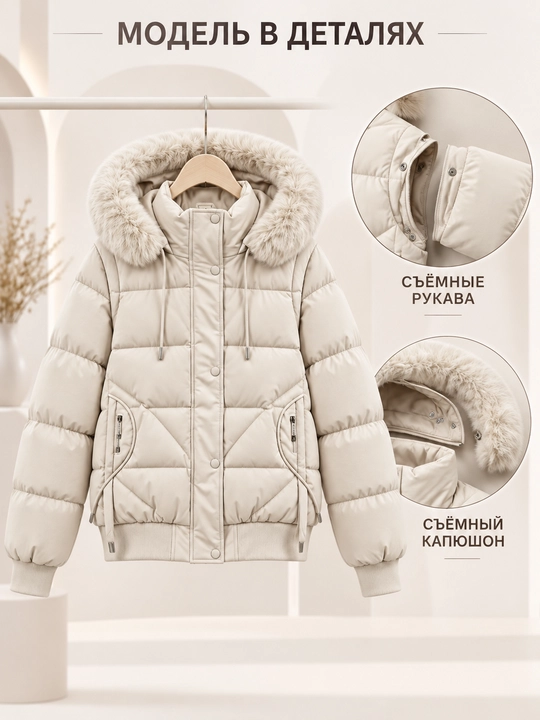 Ayollar uchun kapyushoni, yengi va mo‘ynasi olinadigan issiq kurtka-jilet, M–3XL