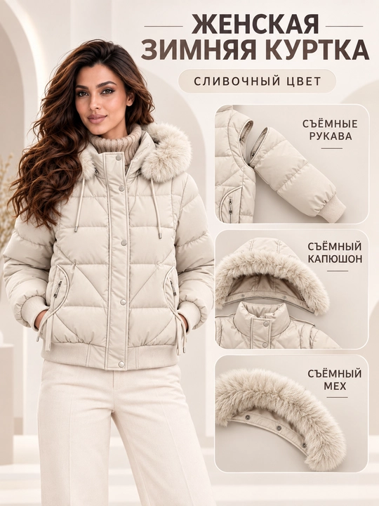 Ayollar uchun kapyushoni, yengi va mo‘ynasi olinadigan issiq kurtka-jilet, M–3XL