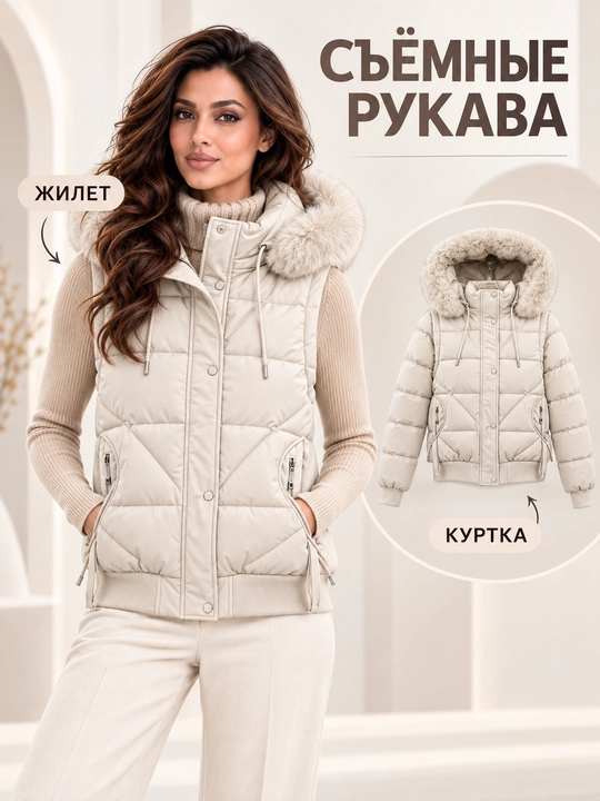 Ayollar uchun kapyushoni, yengi va mo‘ynasi olinadigan issiq kurtka-jilet, M–3XL