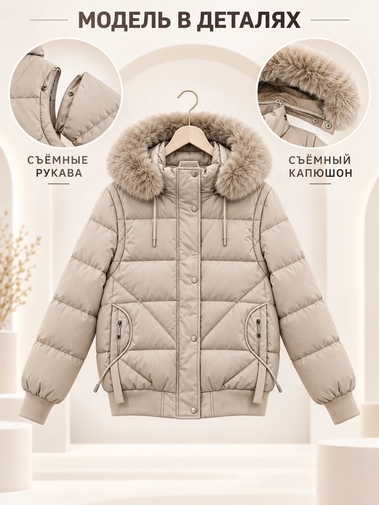 Ayollar uchun kapyushoni, yengi va mo‘ynasi olinadigan issiq kurtka-jilet, M–3XL