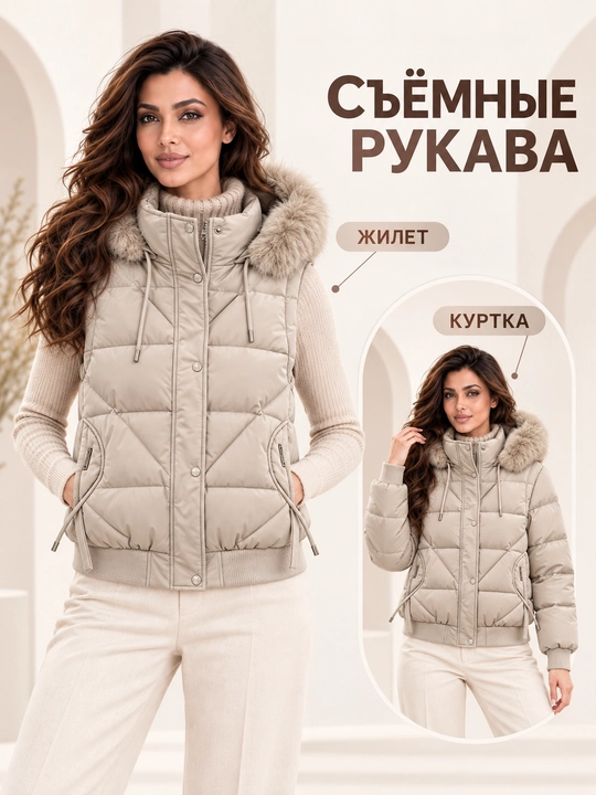 Ayollar uchun kapyushoni, yengi va mo‘ynasi olinadigan issiq kurtka-jilet, M–3XL