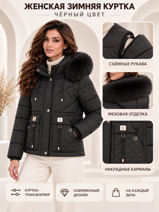Ayollar uchun kapyushoni, yengi va mo‘ynasi olinadigan issiq kurtka-jilet, M–3XL