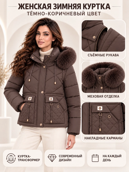 Ayollar uchun kapyushoni, yengi va mo‘ynasi olinadigan issiq kurtka-jilet, M–3XL