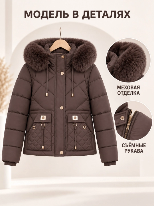 Ayollar uchun kapyushoni, yengi va mo‘ynasi olinadigan issiq kurtka-jilet, M–3XL