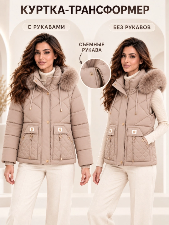 Ayollar uchun kapyushoni, yengi va mo‘ynasi olinadigan issiq kurtka-jilet, M–3XL