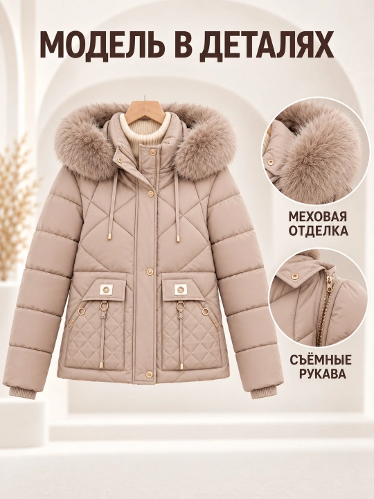 Ayollar uchun kapyushoni, yengi va mo‘ynasi olinadigan issiq kurtka-jilet, M–3XL