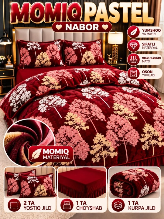 Qishki momiq pastel nabor 4 talik, issiq ko‘rpa jild prostina, nalochka, yotoq komplekti - 