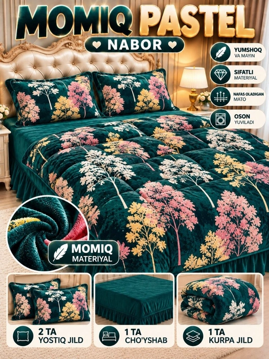 Qishki momiq pastel nabor 4 talik, issiq ko‘rpa jild prostina, nalochka, yotoq komplekti - 