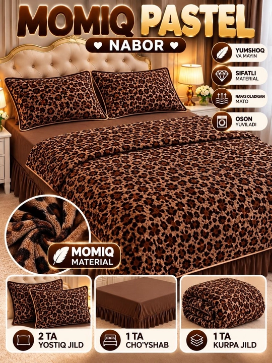 Qishki momiq pastel nabor 4 talik, issiq ko‘rpa jild prostina, nalochka, yotoq komplekti - 