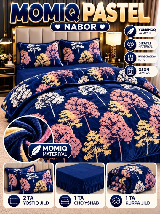 Qishki momiq pastel nabor 4 talik, issiq ko‘rpa jild prostina, nalochka, yotoq komplekti - 