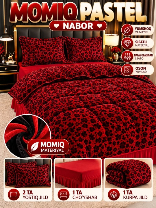 Qishki momiq pastel nabor 4 talik, issiq ko‘rpa jild prostina, nalochka, yotoq komplekti - 