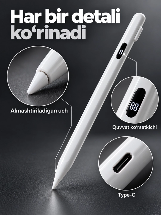 Sensorli ekran uchun oq stilus qalam, Type-C quvvatlash, zaxira uchlar bilan