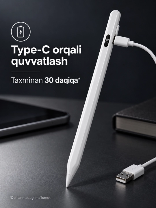Sensorli ekran uchun oq stilus qalam, Type-C quvvatlash, zaxira uchlar bilan