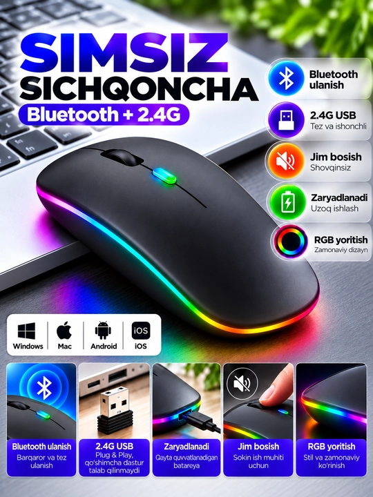 Simsiz sichqoncha Bluetooth 5.0/2.4G, RGB, 1600 DPI, Type-C quvvatlanadigan