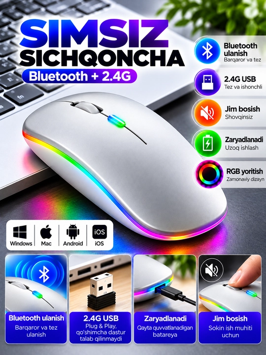 Simsiz sichqoncha Bluetooth 5.0/2.4G, RGB, 1600 DPI, Type-C quvvatlanadigan