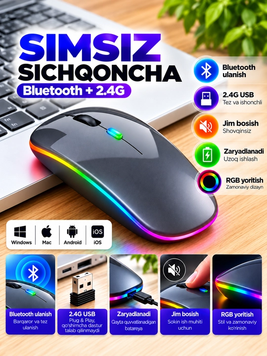 Simsiz sichqoncha Bluetooth 5.0/2.4G, RGB, 1600 DPI, Type-C quvvatlanadigan