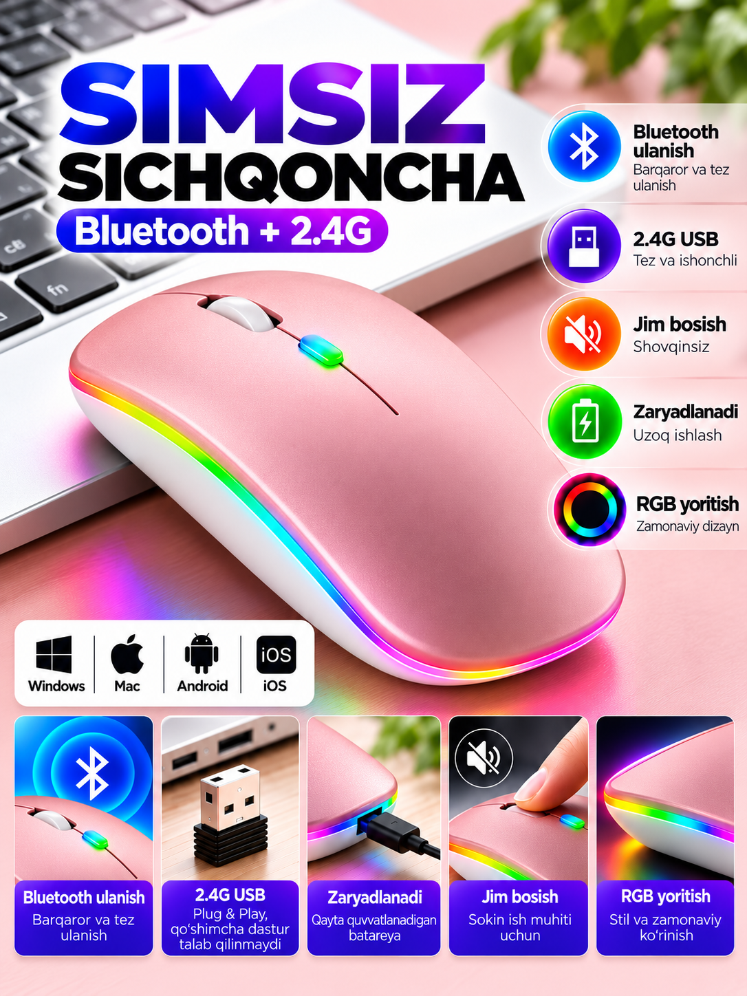 Simsiz sichqoncha Bluetooth 5.0/2.4G, RGB, 1600 DPI, Type-C quvvatlanadigan