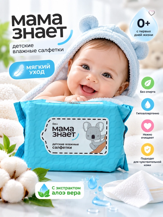 Mama Znaet, bolalar salfetkasi, nam salfetka, 30 dona, detskie salfetki, 0+, baby wipes - 