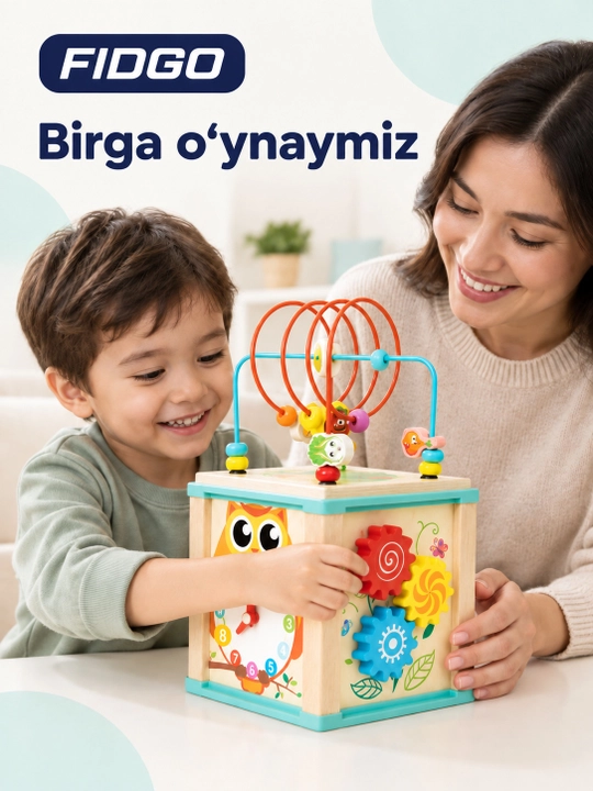 FIDGO yog‘och rivojlantiruvchi o‘yinchoqlar: donachali labirint yoki bizikub