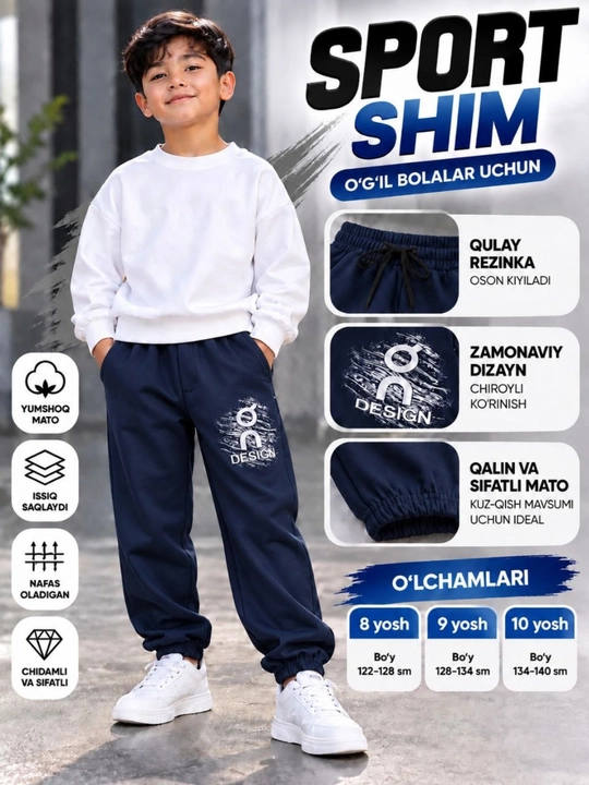 O‘g‘il bolalar uchun taramli issiq sport shimlari, kuz-qish mavsumi uchun bolalar shimlari - 