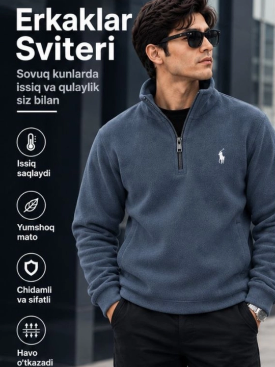 Erkaklar uchun yarim zamokli fleece sviter polzamok, issiq va yumshoq sportivka