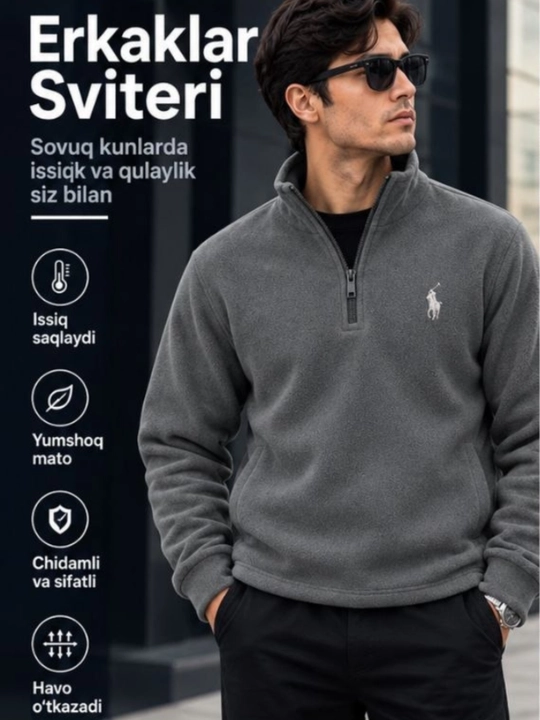 Erkaklar uchun yarim zamokli fleece sviter polzamok, issiq va yumshoq sportivka