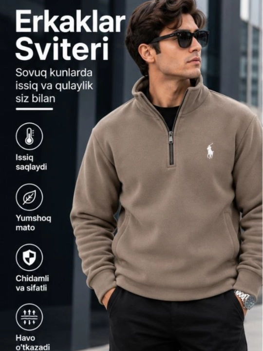 Erkaklar uchun yarim zamokli fleece sviter polzamok, issiq va yumshoq sportivka