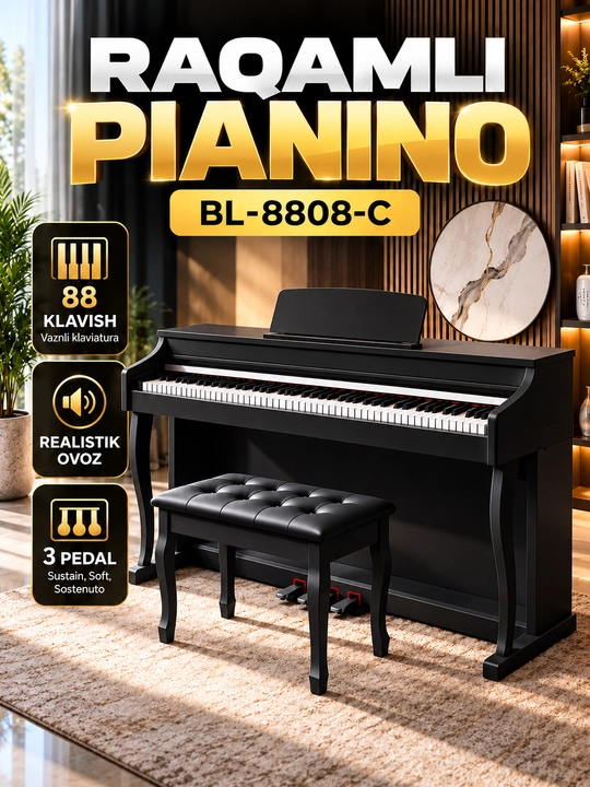 BL-8808-C raqamli pianino - 88 tugmali, Hammer Action, 3 pedalli, banketkali