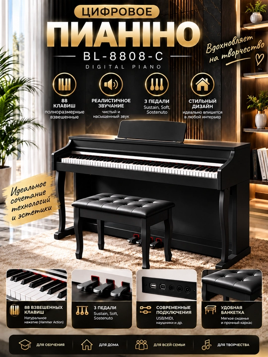 BL-8808-C raqamli pianino - 88 tugmali, Hammer Action, 3 pedalli, banketkali
