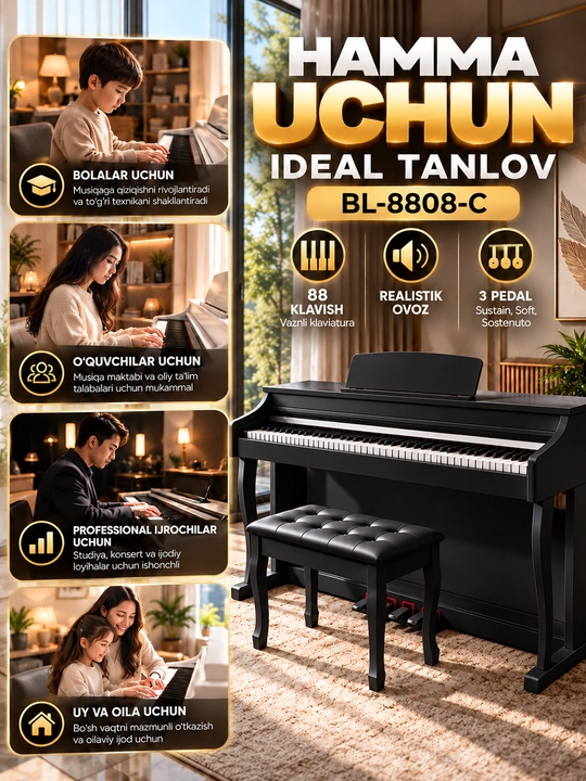 BL-8808-C raqamli pianino - 88 tugmali, Hammer Action, 3 pedalli, banketkali