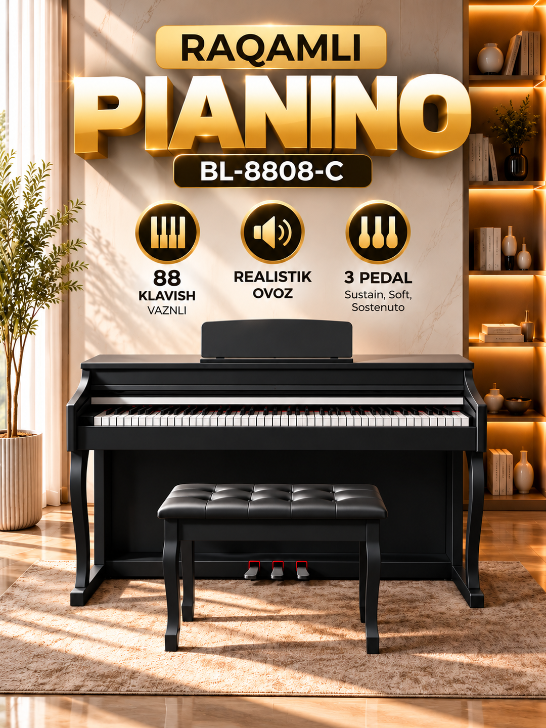 BL-8808-C raqamli pianino - 88 tugmali, Hammer Action, 3 pedalli, banketkali