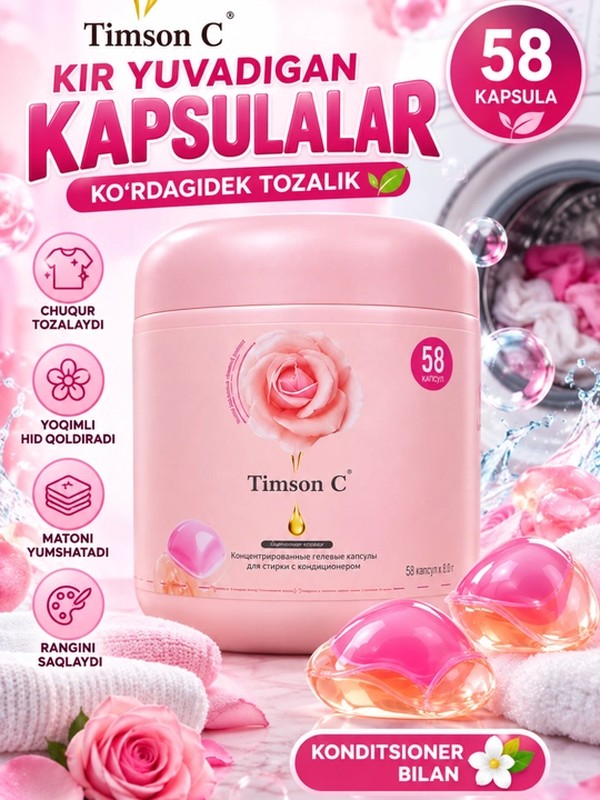Kir yuvish kapsulasi, Timson C, kir yuvish geli, konditsionerli kapsula, 58 dona - 