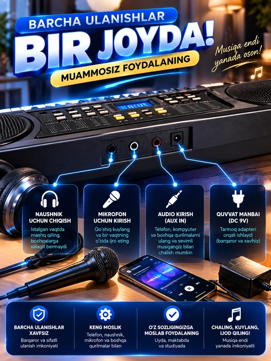 Лектронный синтезатор MK-2106, 61 клавиша, LCD-дисплей, микрофон и адаптер в комплекте