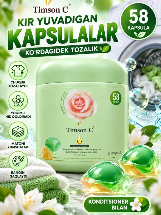 Капсулы для стирки Timson C, гелевые капсулы, кондиционер, 58 капсул - 