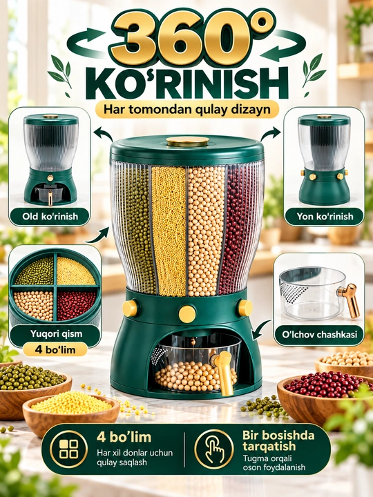 Don va yormalarni saqlash konteyneri, dispenserli oshxona organayzeri