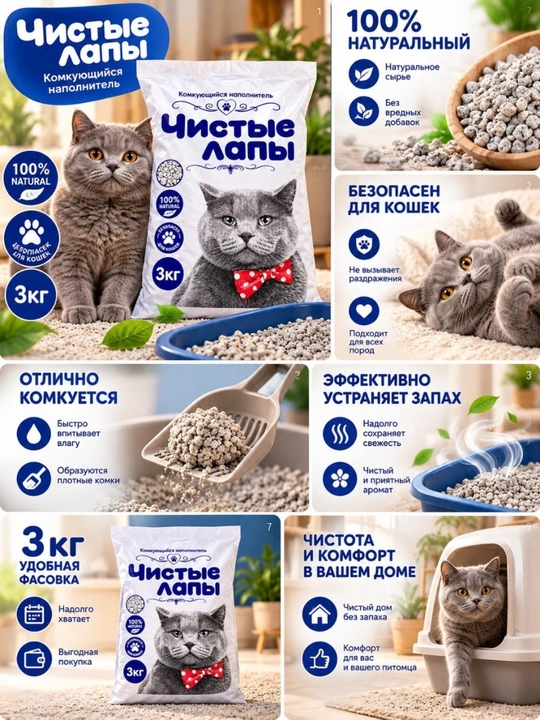 Комкующийся наполнитель для кошек «Чистые лапы», натуральный, 3 кг