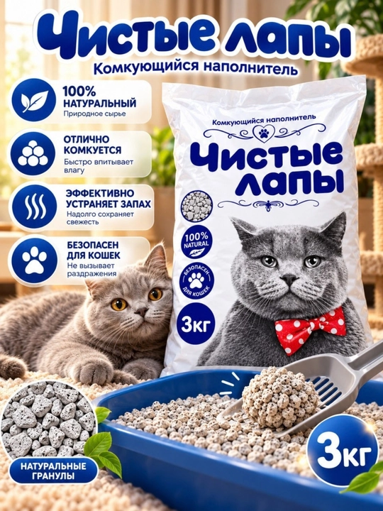 Комкующийся наполнитель для кошек «Чистые лапы», натуральный, 3 кг