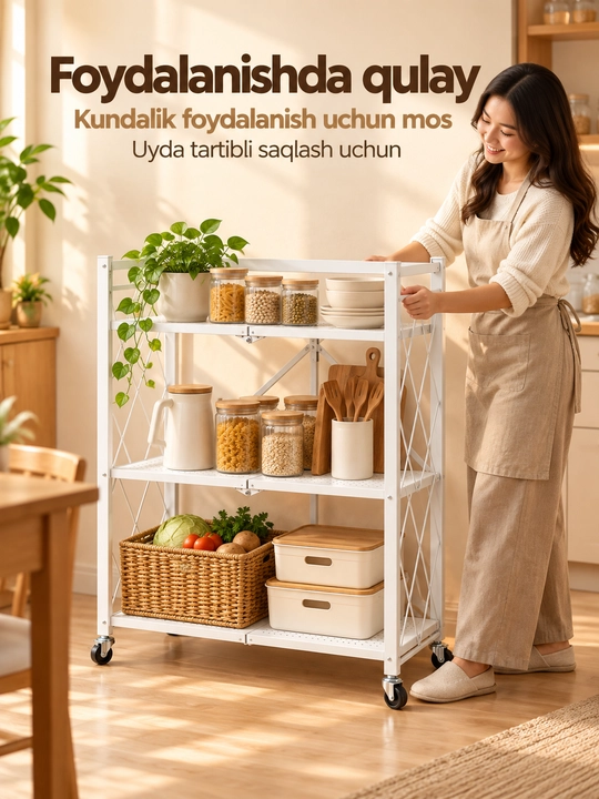 Стеллаж металлический с полками на колесиках, этажерка для кухни, дома и хранения вещей