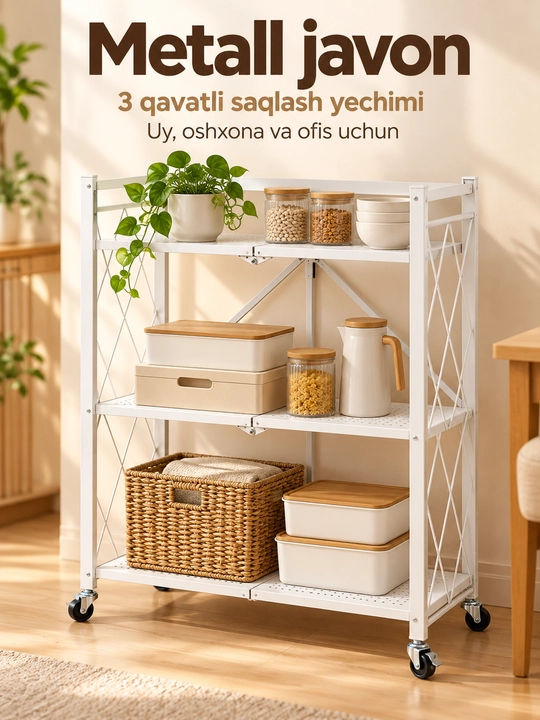 Стеллаж металлический с полками на колесиках, этажерка для кухни, дома и хранения вещей - 