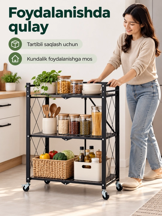 Стеллаж металлический с полками на колесиках, этажерка для кухни, дома и хранения вещей