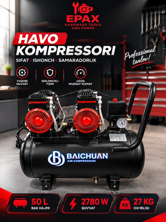 BAICHUAN 50 litrli, 2780 Vt quvvatli, garaj va avtoservis uchun havo kompressori - 