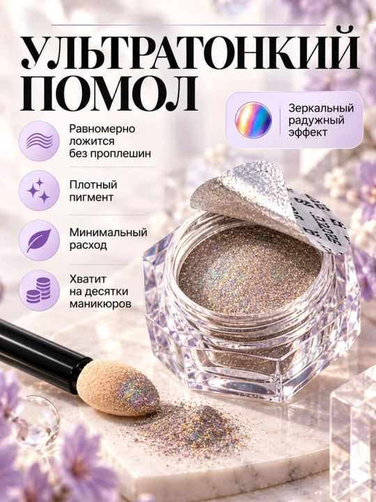 Tirnoqlar uchun oynadek yaltiraydigan vtirka, golografik xrom pigment va sponjli aplikator